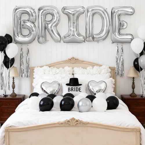 40inch Silver BRIDE Letter Balloons, Giant Silver Bride Foil Helium Balloon Banner with Heart Balloon for Bride to Be Wedding Engagement Bridal Shower Bachelorette Party Decoration - color: Silver