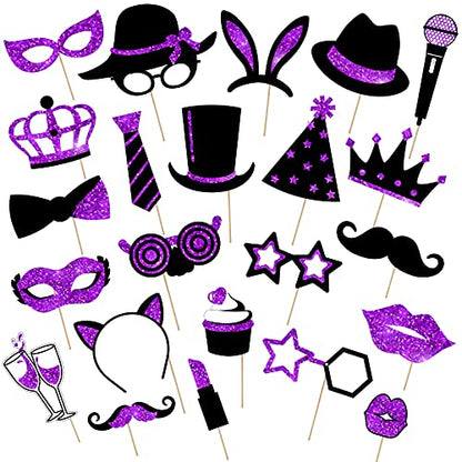 Zonon 24 Pcs Funny Photo Booth Props Class of 2026 Graduation Birthday Wedding Family Class Reunion Prom Disco Party Celebration Decoration Supplies Mix of Hats, Lipstick, Tie(Black and Purple) - color: Black and Purple