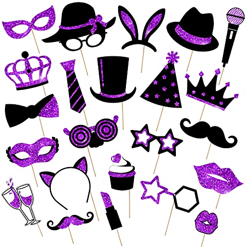 Zonon 24 Pcs Funny Photo Booth Props Class of 2026 Graduation Birthday Wedding Family Class Reunion Prom Disco Party Celebration Decoration Supplies Mix of Hats, Lipstick, Tie(Black and Purple) - color: Black and Purple