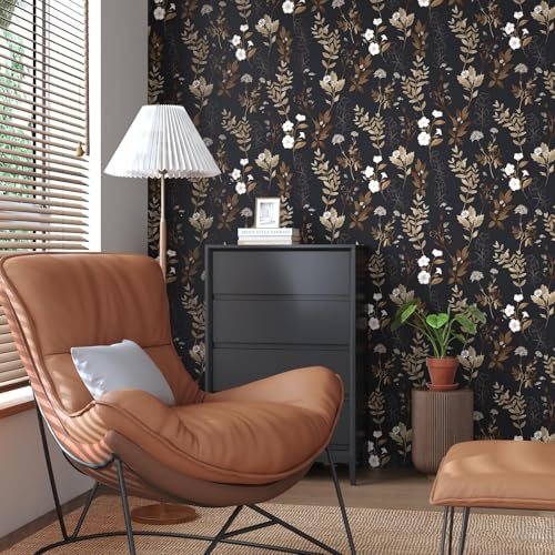 Fvlow Vintage Black Gold Floral Peel and Stick Wallpaper Waterproof Contact Paper, Self Adhesive Vinyl for Living Room Bedroom Bathroom, Removable Wall Covering Furniture Decor, 17.4" x 118" Boho Dark - color: Black, size: 17.4" x 118"