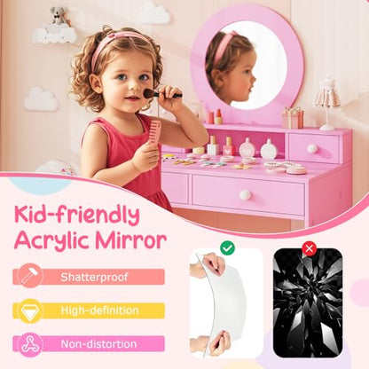 Costzon Kids Vanity, Princess Makeup Dressing Desk with Mirror and Stool, 4 Storage Drawers, Vanity Table and Chair Set for Little Girls (Pink) - style: Pink with Round Mirror