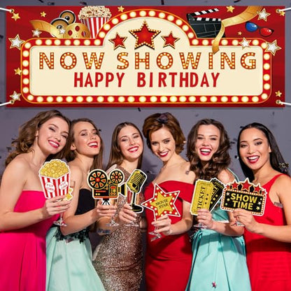 11 Pieces Movie Night Party Decorations Now Showing Banner Photography Background Movie Night Cutouts Double Sided Printing Red Carpet Clapboard Backdrop Cutout Party Cards Photo Booth Props Supplies