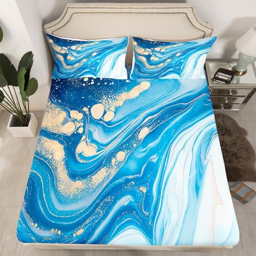 Erosebridal Blue White Marble Bedding Set Queen Size, Gold Glitter Abstract Marbling Bed Sheets Artwork Watercolor Stone Pattern Fitted Sheet Liquid Quicksand Sheets for Kids Teens Adult - color: Aqua Blue White, size: Queen