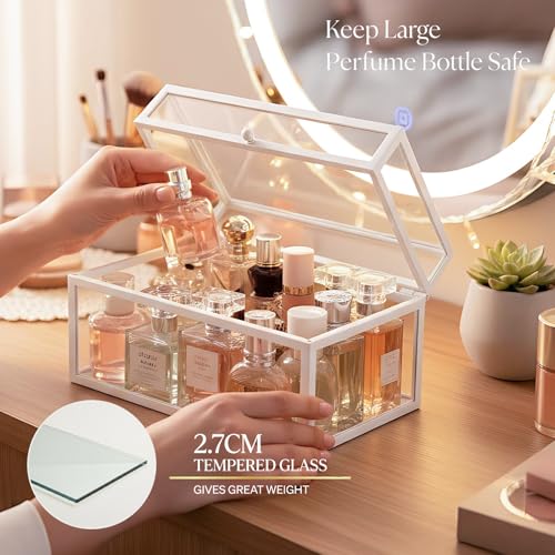 40 Lipsticks Organizer with Lid, Glass Display Box Fits Large Perfume & Skincare, Easy-Access Organiser for Vanity Countertop, Multifunctional Display Box in Any Rooms - color: white
