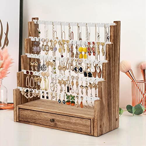 Pinzoveco Earring Organizer, 5 Layer Earring Holder Organizer with Necklace Holder Pole, Rustic Wood Jewelry Organizer Stand Display for Stud Earring Bracelet Necklace Ring, 175 Earring Holes - color: White Rod