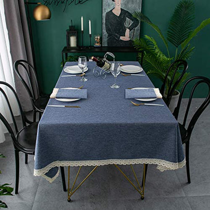 EHouseHome Faux Linen Tablecloth with Lace Trim - Waterproof/Spill Proof/Stain Resistant/Wrinkle Free/Oil Proof - for Banquet, Parties,Dinner,Kitchen,Wedding,Holiday,Denim Blue Rectangle 52x70Inch - color: Denim Blue, size: 70" x 52" (Rectangular)
