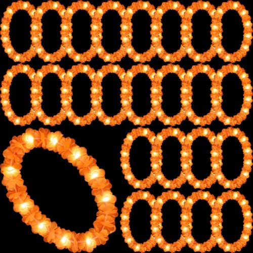 Sherr 24 Pcs LED Orange Leis Light up Wedding Hawaiian Leis Flower Necklace with LED Lights Beach Tropical Carnival Party Wedding Supplies Luau for Masquerade - color: Vibrant Orange