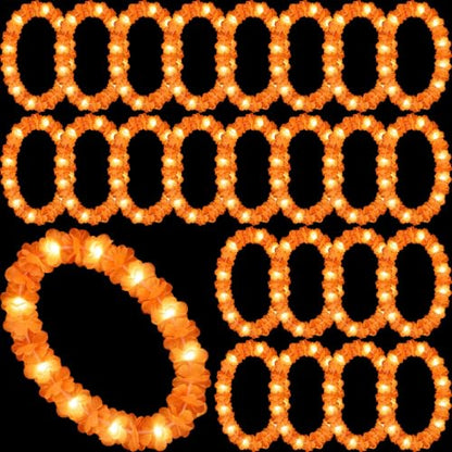 Sherr 24 Pcs LED Orange Leis Light up Wedding Hawaiian Leis Flower Necklace with LED Lights Beach Tropical Carnival Party Wedding Supplies Luau for Masquerade - color: Vibrant Orange