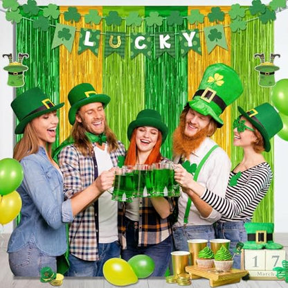 2 Pack St Patrick Party Decorations, Green Party Backdrop Green Gold Light Green Backdrop Curtains, Metallic St.Patrick Fringe Curtains Party Streamer Tinsel Backdrop, St Patrick Party Supplies - color: Green and Gold and Light Green