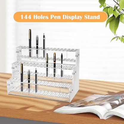 Makeup Paint & Brush Organizer Rack Pen Display Stand, Multi-Level Plastic Organization Rack Pencil Holder, Clear Pen Display Holder 3 Layer 144 Holes for Craft Shows