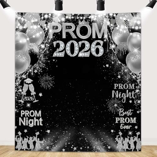 MEHOFOND Prom 2026 Backdrop Black Silver Graduation Photo Booth Background Banner, Congrats Grad Prom Night Photography Decor for Senior Prom Party 70.9x78.7in - color: Prom Silver