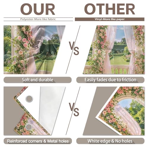 Fabric 7x5ft Spring Window Scenery Photography Backdrop Pink Flowers Rose Graden Background Girl Princess Wedding Bridal Shower Birthday Party Decorations Photo Props - size: 7'x5'