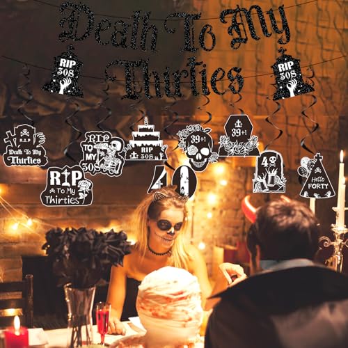 Black Glittery 40th Birthday Decorations for Him Her, Death to My 30s Banners Birthday Decoration, Funeral Rip to My Thirties Hanging Swirls Decor Supplies Women Men - style: Death to My 30s