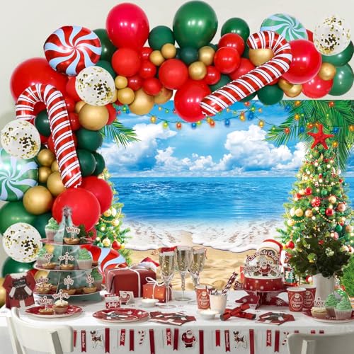 July Christmas Backdrop for Photography 10x8FT Summer Beach Christmas Tree Decorations Background Tropical Hawaiian Xmas Party Supplies Photo Props - size: 10x8FT