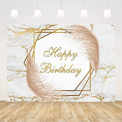 AIBIIN 7x5ft White and Gold Marble Birthday Backdrop Boho Fluid Happy Birthday Photography Background for Men Women 30th 40th 50th 60th 70th Bday Party Banner Decorations Photo Shoot Studio Props