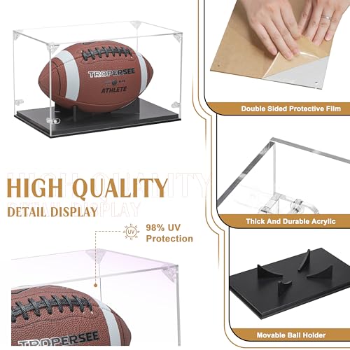 GYaozii Football Display Case, Thickened UV Protection Clear Acrylic Lid Football Holder, Wood Football Base Stand Football Cases for Signed Football Full Size - size: Football Display Case-Black