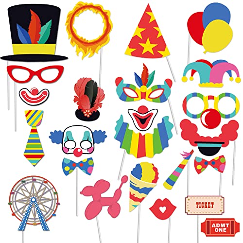 Circus Carnival Birthday Photo Booth Props Kit(24Pcs) Circus Carnival Party Favors with Long Paper Sticks