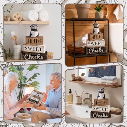 Moucuny 4 Pcs Otter Bathroom Decor Set Farmhouse Bathroom Decor and Accessories Rustic Hello Sweet Cheeks Wooden Blocks Signs with Toilet Paper Funny Toilet Shelf Decoration for Home Office Half Bath - style: Bathroom Otter