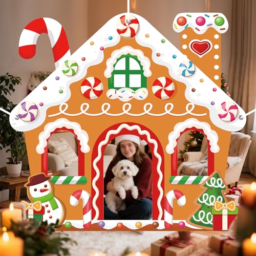 WovWeave Large Christmas Party Decorations Christmas Gingerbread House Photo Booth Props Selfie Frame Fabric Backdrop Xmas Tree Snowman Candy Background for Xmas Winter Holiday Decor 71 x 65 Inch - style: Gingerbread House