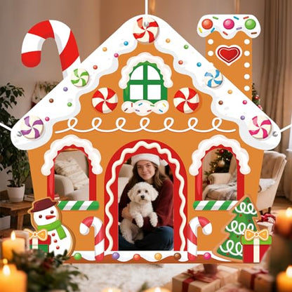 WovWeave Large Christmas Party Decorations Christmas Gingerbread House Photo Booth Props Selfie Frame Fabric Backdrop Xmas Tree Snowman Candy Background for Xmas Winter Holiday Decor 71 x 65 Inch - style: Gingerbread House