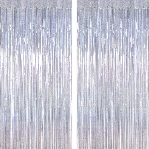 2 Pack Silver Metallic Tinsel Foil Curtains, 3.28 FT x 7.05 FT Glitter Silver Fringe Curtains, New Year Door Streamer Tinsel Backdrop Photo Booth for NYE Party Birthday Engagement Party Decorations - color: Glitter Silver, size: 2 PCS