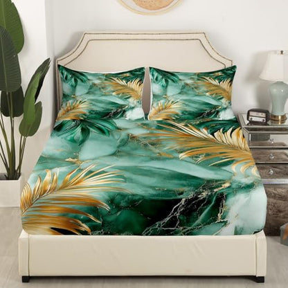 Tropical Leaves Bed Sheet Set Twin Size 3Pcs,Modern Fashion Marble Texture Fitted Sheet Set for Kids Men Teens,Seaside Palm Leaves Bedding Set with 1 Flat & 1 Fitted Sheet with 1 Pillowcase - color: Green and Gold, size: TWIN (W39*L75*H16")