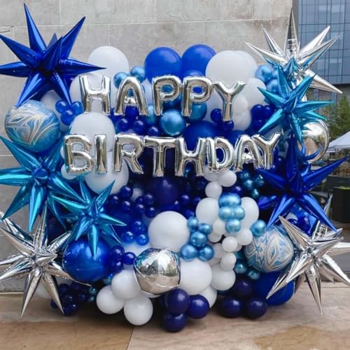 Blue Silver Star Balloons, 22 Inch Royal Blue Silver Foil Explosion Star Balloons, Light Blue Silver Spike balloon star Cone Balloon for Birthday Graduation Anniversary Party Decorations - color: Dark Blue Silver Blue