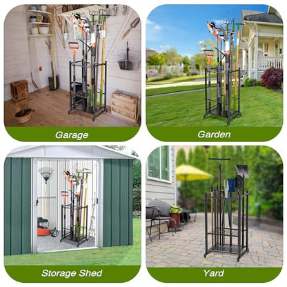 Garden Tool Organizer, Yard Tool Tower Rack for Garage Organization and Storage, Up to 35 Long-Handled Tools/Rakes/Brooms, Heavy Duty Steel Garden Tool Stand for Shed, Outdoor, Black - style: Rack