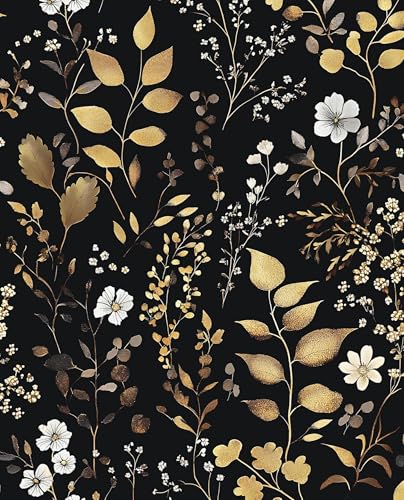 Laatse Boho Wallpaper Peel and Stick Dark Floral Wallpaper 17.5in x118in Vintage Leaf Contact Paper Vinyl Waterproof Self Adhesive Golden Leaf Botanical Wall Paper for Cabinet Table Drawer Decor - color: Hot Gold, size: 118" x 17.5"