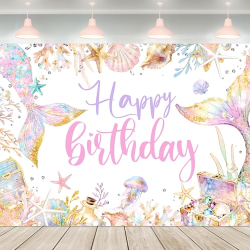 Mermaid Happy Birthday Backdrop 7Wx5H Feet Fabric Polyester Ocean Beach Sea Fish Tail Coral Summer Jewelry Diamond Seashell Marine Girly Photography Background Banner Photo Shoot Decor Prop - color: F 01ocean, size: 7Wx5H