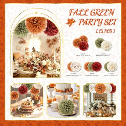 NICROLANDEE Fall Party Decorations, 12 PCS Pumpkin Orange Burgundy Sage Green Ivory Tissue Pom Poms Thanksgiving Decor for Home, Wedding, Birthday, Autumn Harvest Party Supplies - style: Fall