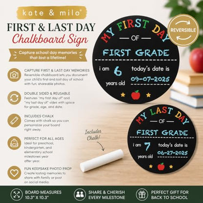 Kate & Milo First and Last Day of School Chalkboard Sign, Reversible Round Back to School Photo Prop with Chalk, Kids Milestone Board - style: Round School Days Chalkboard