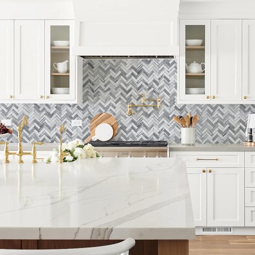 STICKGOO Herringbone Peel and Stick Backsplash, 10 Sheets Marble Grey Look Stick on Backsplash for Kitchen Wall Decor, PVC Self Adhesive Tiles - color: Grey wood grain marble