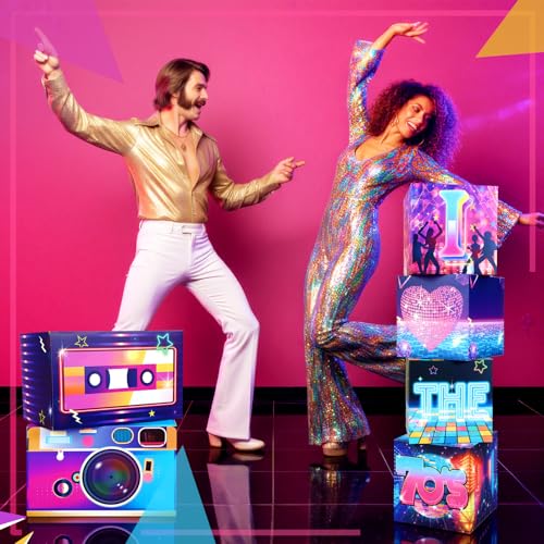 Amyhill 6 Pcs Large 70s Party Decorations Hip Hop Favor Set Paper Party Boxes Novelty Disco Theme Decoration for Retro 1970s 1980s 1990s Theme Birthday Neon Disco Music Supplies - style: 70s