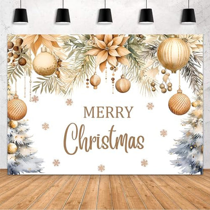MEHOFOND Merry Christmas Backdrop Christmas Party Decorations Banner Xmas Gold Glitter Xmas Balls Snowflake Photography Background Winter New Year Eve Festival Party Supplies Photo Booth Props 7x5ft