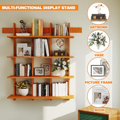 Bookshelf 4 Tier Wall Mounted Book Shelf, Space-Saving Floating Bamboo Bookcase Heavy Duty 600lbs, Storage Display Shelf for Living Room Bedroom Office, 43" W x 52" H