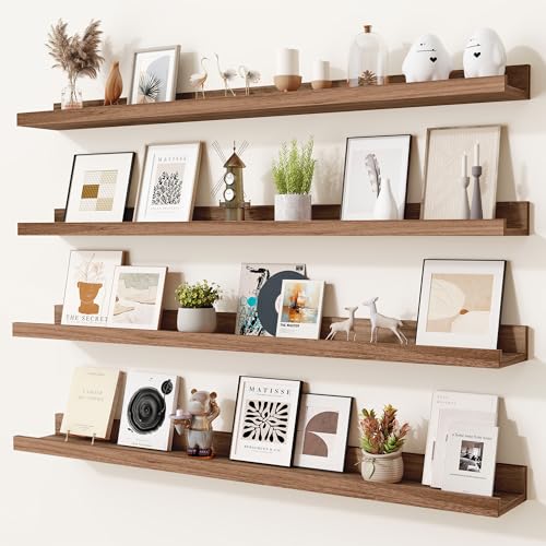 Heimlove Picture Ledge Shelf,36 inch Long Floating Shelves for Wall Set of 4,Picture Shelf with Lip for Wall Decor,Living Room,Bedroom,Bookshelf,Nursery,Perfume,Walnut Color - color: Walnut, size: 36'', Set of 4