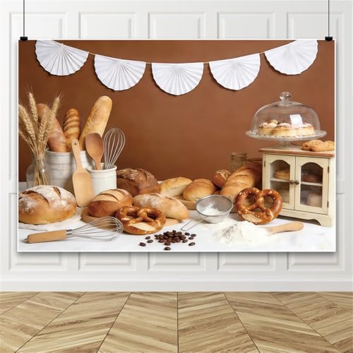 5x3ft Bread Baking Backdrop Rustic Bakery Pretzel Wheat Flour Kitchen Tools Photo Background for Baking Party Bread Shop Food Photography Decor Photo Booth Props Polyester - color: Brown, size: 5x3ft