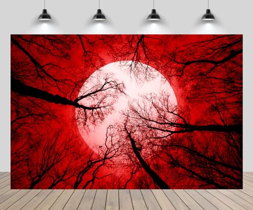 10x6.5ft Horror Forest Backdrop Bloody Full Moon Halloween Woods Gloomy Grove Mystery Vampire Background Witch Wizard Sorcerer Ghost Halloween Festival Party Decors Portrait Photo Props - size: 10x6.5ft