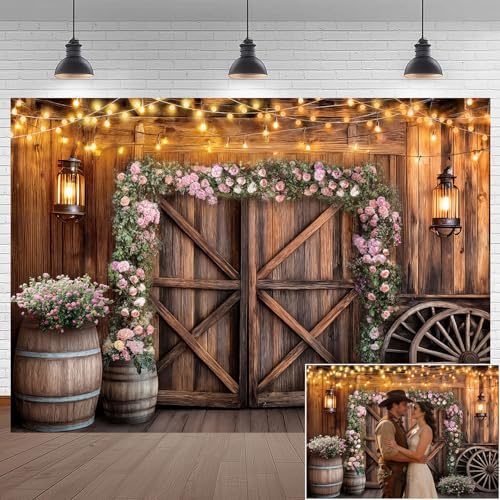 Country Wedding Photography Backdrop, Rustic Barn Door Cabin Wooden Photography Backdrop Farmhouse Pink Flower Wedding Bridal Party Banner Props Photo Photoshoot Wall Decor Booth 7x5ft