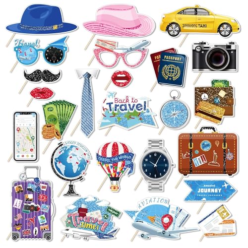 25Pcs Travel Photo Booth Props with Stick, Adventure Awaits Theme Selfie Props, Bon Voyage Birthday Party Supplies, Around The World Photography Backdrop Decorations
