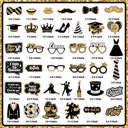 Prom Photo Booth Props, 39Pcs Black Gold and Silver Prom Send Off Decorations Photo Booth Props for Masquerade Party Decorations for Home Office Decoration