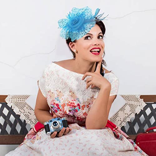 Fascinators Hats with Gloves Set for Women 20s 50s Cocktail Tea Party Wedding Costume Headwear - color: 02 Sky Blue