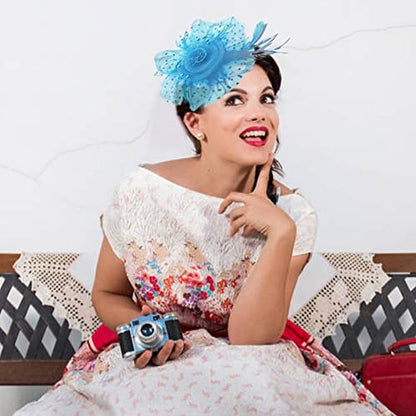 Fascinators Hats with Gloves Set for Women 20s 50s Cocktail Tea Party Wedding Costume Headwear - color: 02 Sky Blue