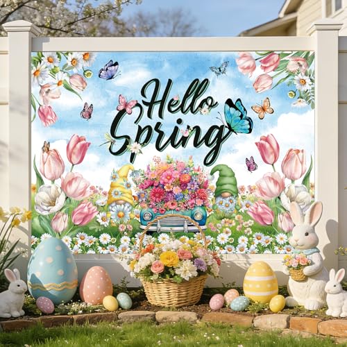 MEHOFOND 7x5ft Spring Backdrop Colorful Floral Hello Spring Decorations Banner Butterfly Tulip Flower Happy Photography Background Easter Holiday Party Decorations Indoor Outdoor Photo Booth Props - size: 7x5ft