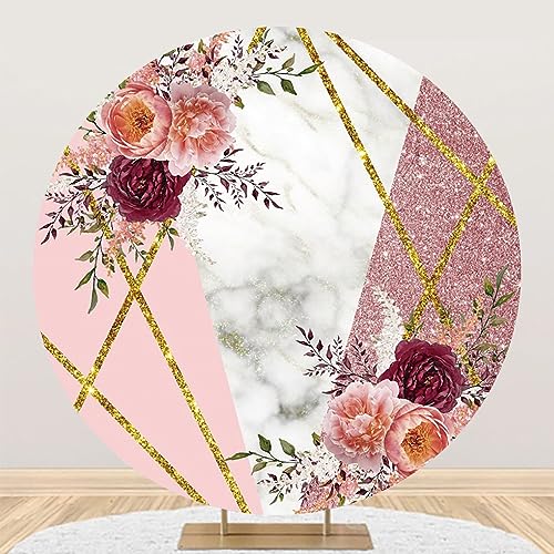 Renaiss 6.5x6.5ft Floral Marble Round Backdrop Cover for Photoshoot Portrait Rose Pink Glittering Camellia Circle Photography Background Wedding Bridal Shower Mother's Day Party Decor Photo Booth Prop - size: 6.5ftx6.5ft