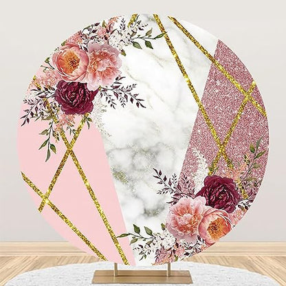 Renaiss 6.5x6.5ft Floral Marble Round Backdrop Cover for Photoshoot Portrait Rose Pink Glittering Camellia Circle Photography Background Wedding Bridal Shower Mother's Day Party Decor Photo Booth Prop - size: 6.5ftx6.5ft