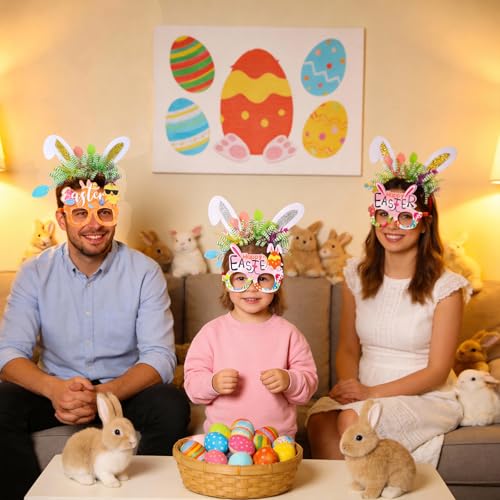 12PCS Easter Headbands and Glasses Set- Bunny Ears Headbands & Easter Party Glasses Frames for Egg Hunt, Parades, Holiday Party Favors & Photo Booth Props