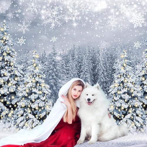 Mocsicka Winter Scene Backdrop Snowy Christmas Pine Tree Halo Spots Photography Background White Wonderland Snowflake Forest Party Holiday Photoshoot Props (White, 8x6ft) - color: white, size: 8x6ft