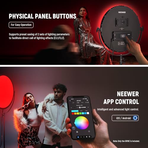 NEEWER 18" RGB LED Round Panel Video Light with APP Control, 65W 6000Lux/0.5m 2500K-8500K RGBCW Photography Studio Lighting /18 Scenes/V Battery Powered for Outdoor Filming Recording Streaming, GR18C - style: RGB